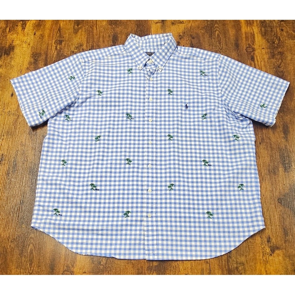 Polo Ralph Lauren Mens 2XB Blue Gingham Palm Tree Embroidered SS Button Shirt